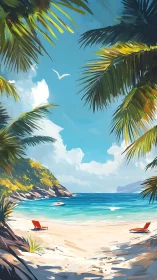 Tropical beach scene depicting seaside landscape with palm fronds and loungers.