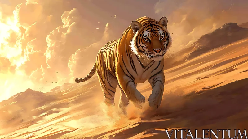 Solar dunes pursuit as a tiger charges through lightstorm.