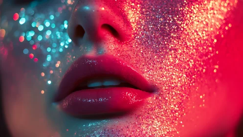 Neon glitter makeup engulfs lips under bold colored light.