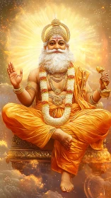 Golden divine sage seated on ornate throne in radiant light.
