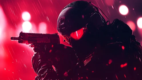 Neon-soaked covert operative carves focus from crimson rain
