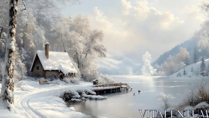 Snow covered cabin stands beside frozen river and pier