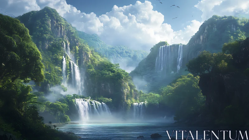 Emerald cascade kingdom under roaming cloud lanterns.