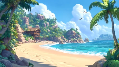 Tropical Beach Settlement with Rocky Outcrops and Wooden Structures