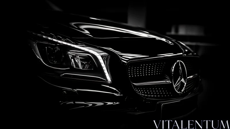 Close-up of luxury car front grille and headlight at night.