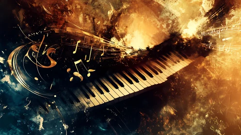 Glowing piano keys swirl through golden stormy music light