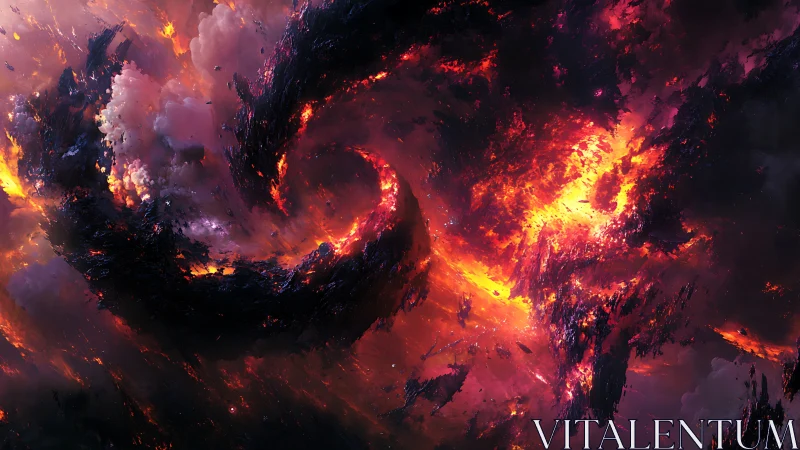 Volcanic nebula swirl with molten clouds and dark debris.