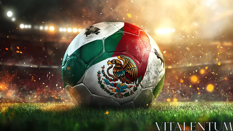 Mexico flag soccer ball on stadium grass under bright lights.