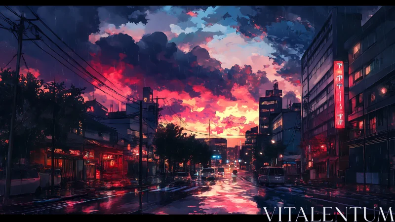 Neon city street glowing under a soft, rain kissed sunset.