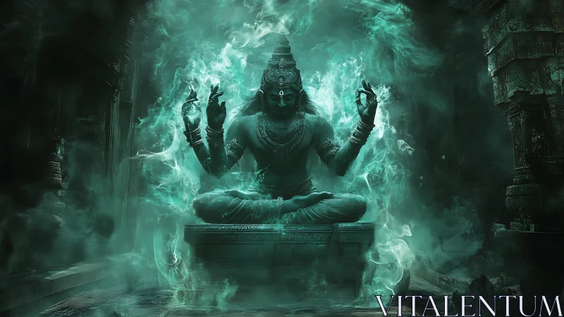 Mystic deity sits in swirling emerald smoke, radiating calm