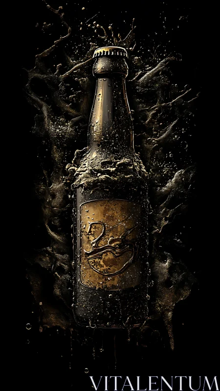 Dark beer bottle explodes through liquid shadows dramatically.