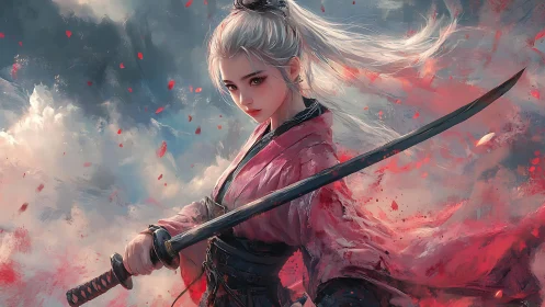 Silver-haired samurai heroine amid crimson storm clouds.
