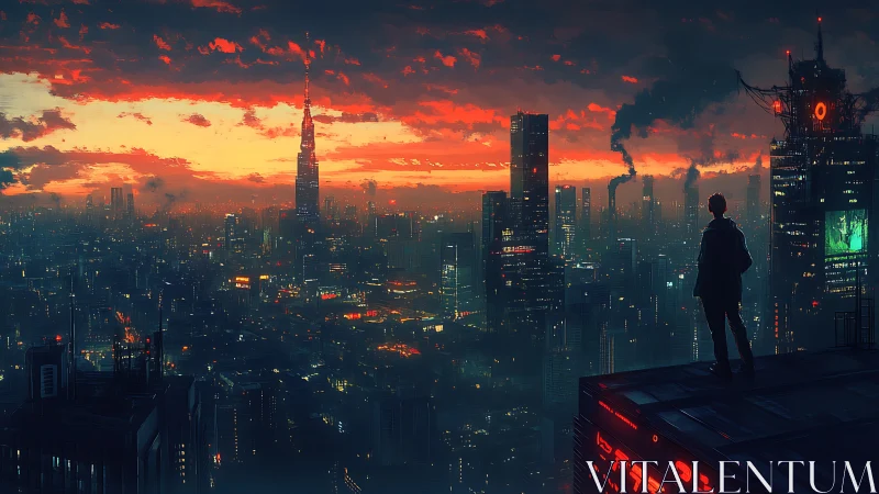 Cyberpunk observer over neon city at burning sunset.