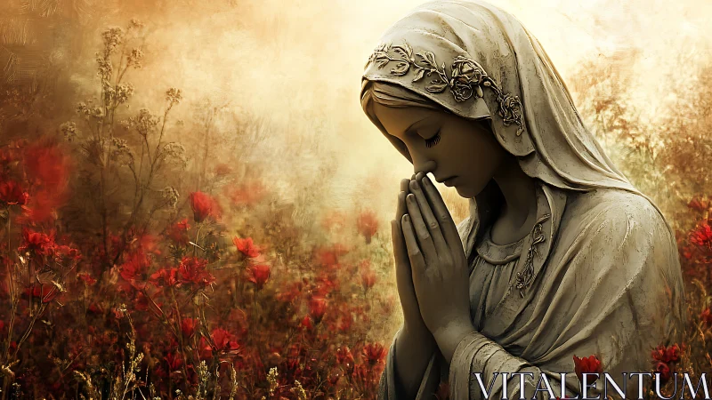 Stone robed figure in prayer amid red wildflower field.