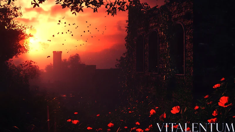 Crimson poppies outshine a crumbling castle at burning dusk