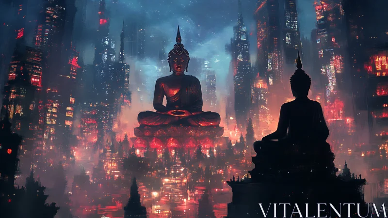 Colossal neon Buddha statues over dense cyberpunk megacity
