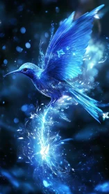 Luminous blue spirit bird glides through swirling starlit glow