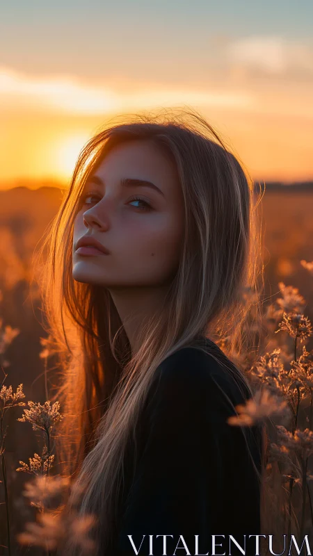 Sunlit portrait in golden hour meadow with warm rim light.
