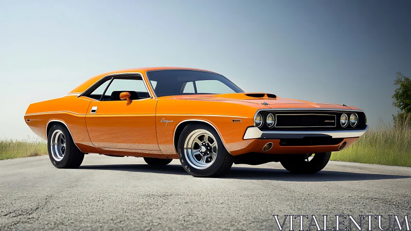Solar-orange muscle car prowls a quiet country roadside.