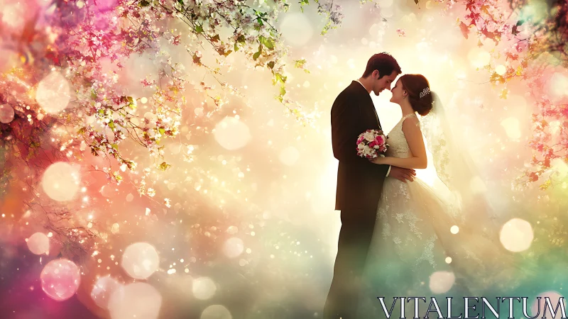 Radiant newlywed couple embraced in a dreamy garden glow.