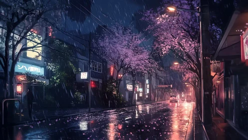 Nocturnal urban street in rain with illuminated cherry blossoms