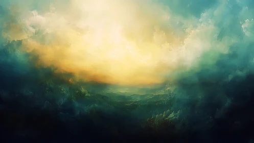 Diffuse atmospheric sunrise rendered with layered volumetric clouds