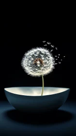 Dandelion seeds drifting from luminous bowl arrangement.