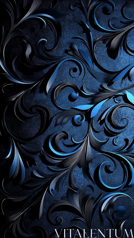Dark blue ornamental floral pattern with metallic swirl details.