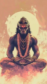 Luminous monkey deity meditates in firelit lunar halo.