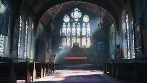 Sunlit gothic chapel interior with stained glass drama.