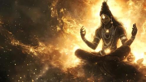 Radiant meditative deity rendered in high-contrast luminous fire field