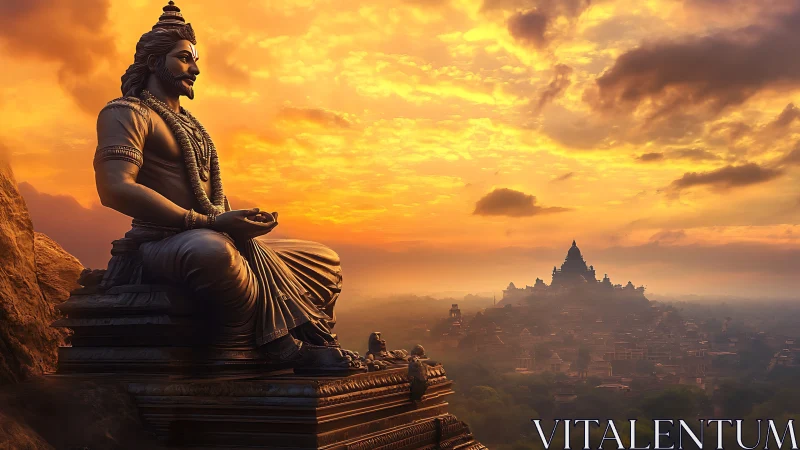 Serene mountaintop deity statue above misty temple city.