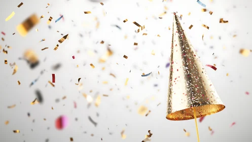 Gold party hat with floating metallic confetti celebration