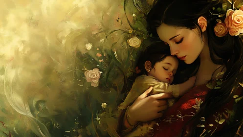 Woman with Child in Floral Garden Setting, Oil Painting