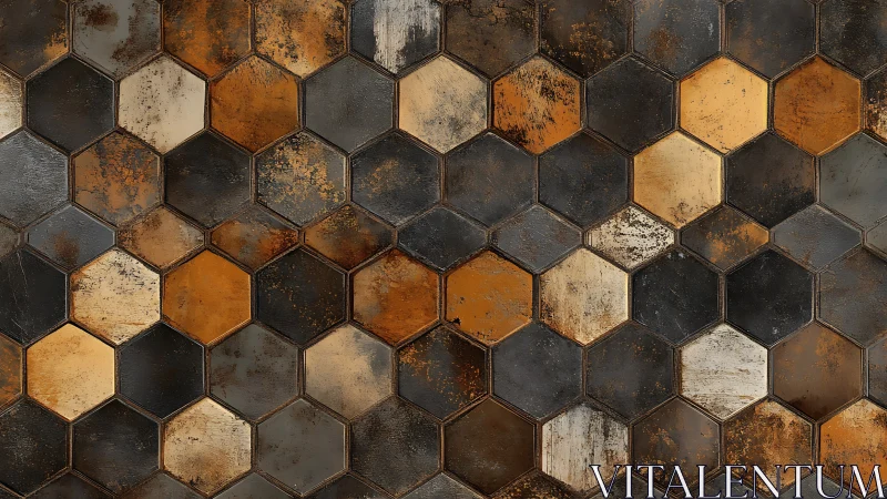 Hexagonal tiled surface in mixed rust and charcoal tones.