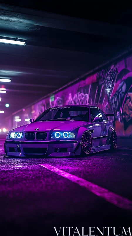 Modified BMW E46 in neon-lit tunnel with magenta-blue bokeh lighting