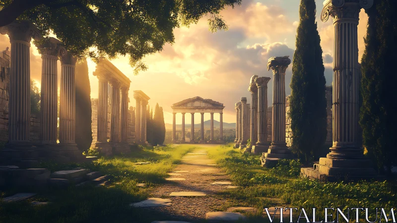 Sunlit ancient columns guiding a peaceful temple walk.
