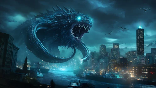 Colossal sea serpent rises over a glowing midnight cityscape.