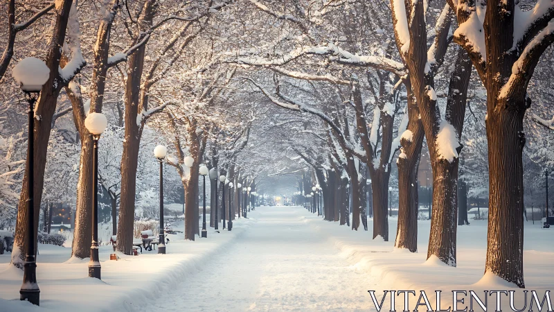 Snowy tree-lined avenue glows under soft winter lamplight.