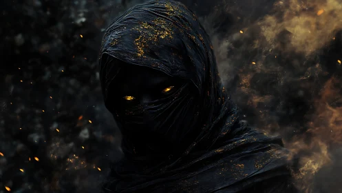 Shrouded ember-eyed figure in charred cloth with glowing particulates