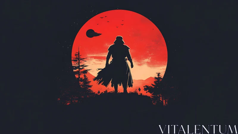 Silhouetted wanderer before blazing red sci fi moon.