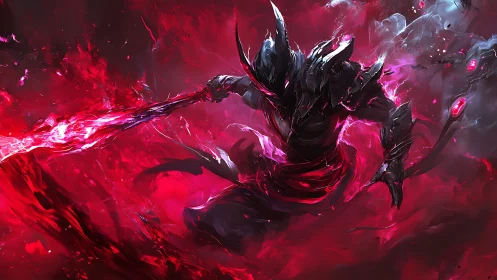 Shadow warrior surges through swirling crimson energy storm