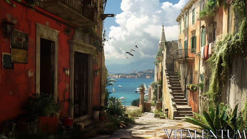 Sunlit seaside alleyway spilling gently toward the harbor.