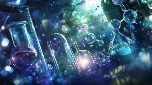 Glowing glass lab flasks surround floating molecular structures