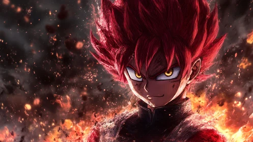Fierce red haired hero stands blazing with fiery power