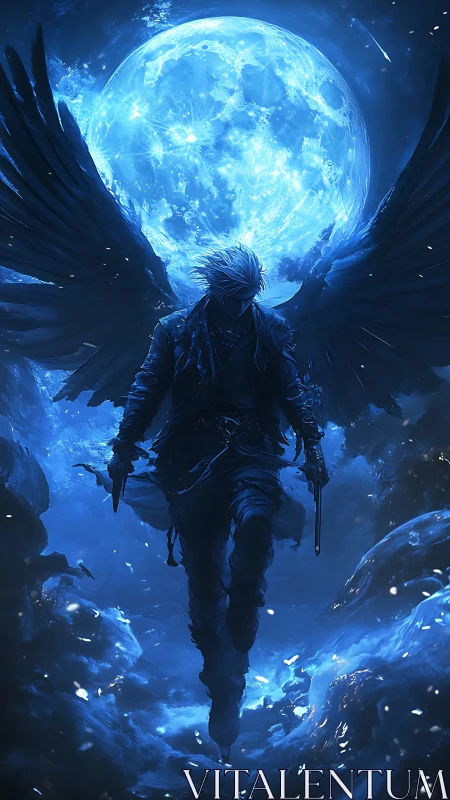 Winged humanoid silhouette before large blue full moon.