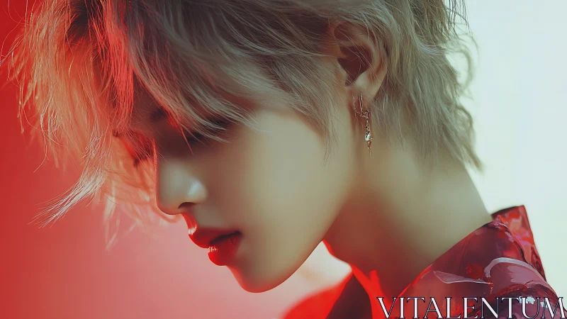 Soft red glow embraces a thoughtful side profile portrait