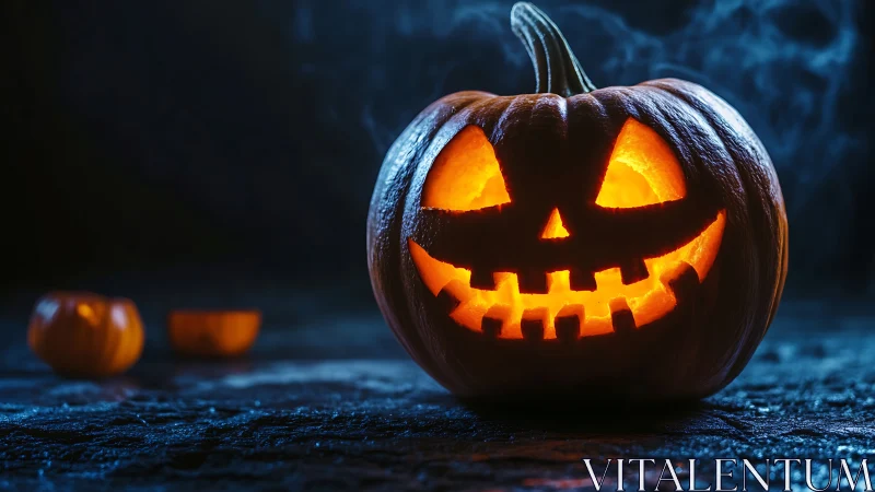 Photorealistic jack-o’-lantern with cinematic low-key lighting.