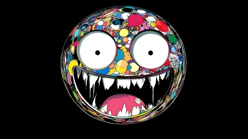 Wild multicolored monster face erupts from stark black void