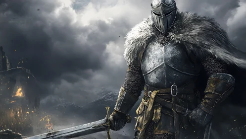 Storm-dark battlefield frames a resolute armored knight hero